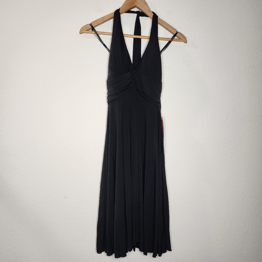 Nwot Split Decision Small Black Halter Mini Dress Ruffle Summer V-neck VTG